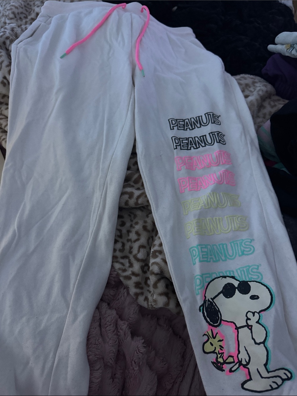 Peanuts White Lounge Pants with Neon Pink Drawstring and Multicolor Text